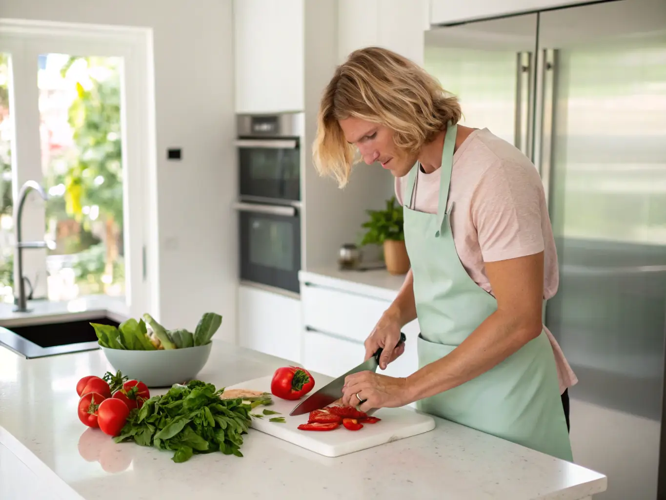 A person preparing a quick and healthy meal in a modern kitchen, emphasizing the ease and speed of nutritious meal preparation for busy professionals.