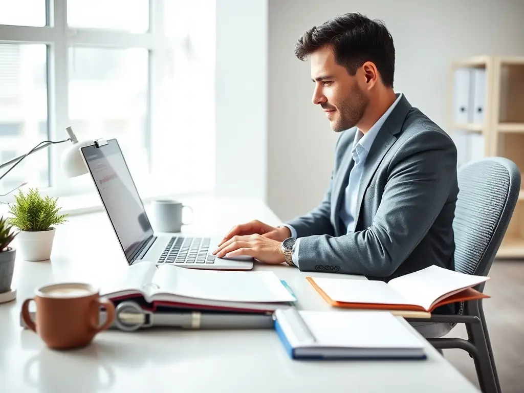 A busy professional working at a desk with a laptop, a water bottle, and a healthy snack nearby, symbolizing the integration of wellness into a demanding work life.