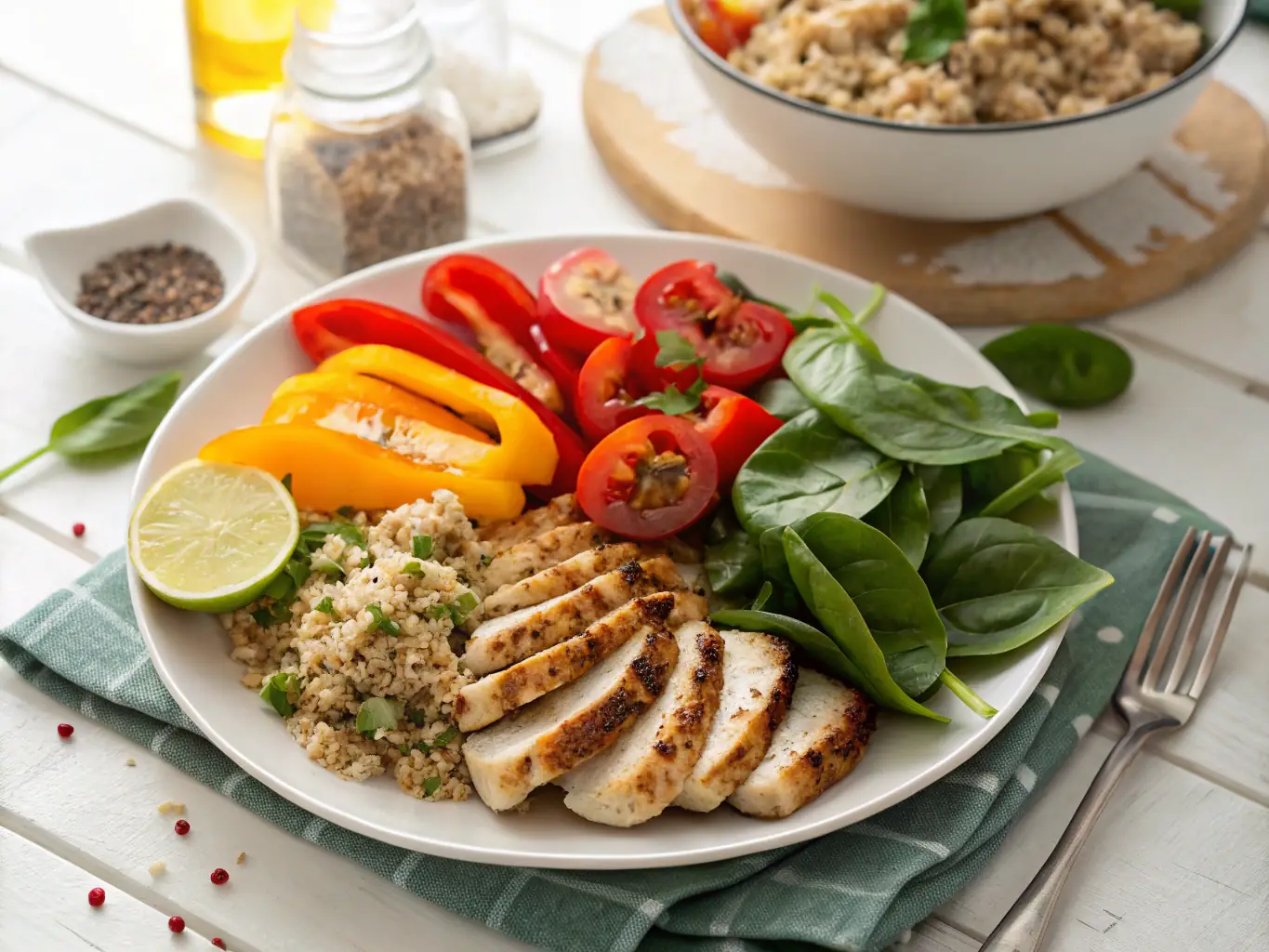 A close-up shot of a colorful, healthy meal, emphasizing fresh vegetables and lean protein, to illustrate the nutrition coaching component of the 8-Week Body Reset Program.
