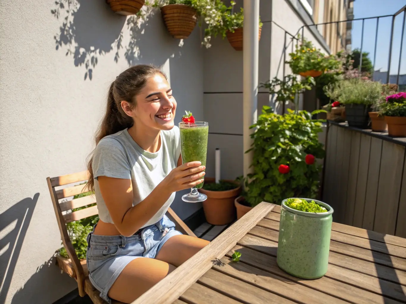 A busy mom in workout clothes smiles confidently while holding a healthy smoothie, representing the custom training and nutrition aspects of the 8-Week Body Reset Program.