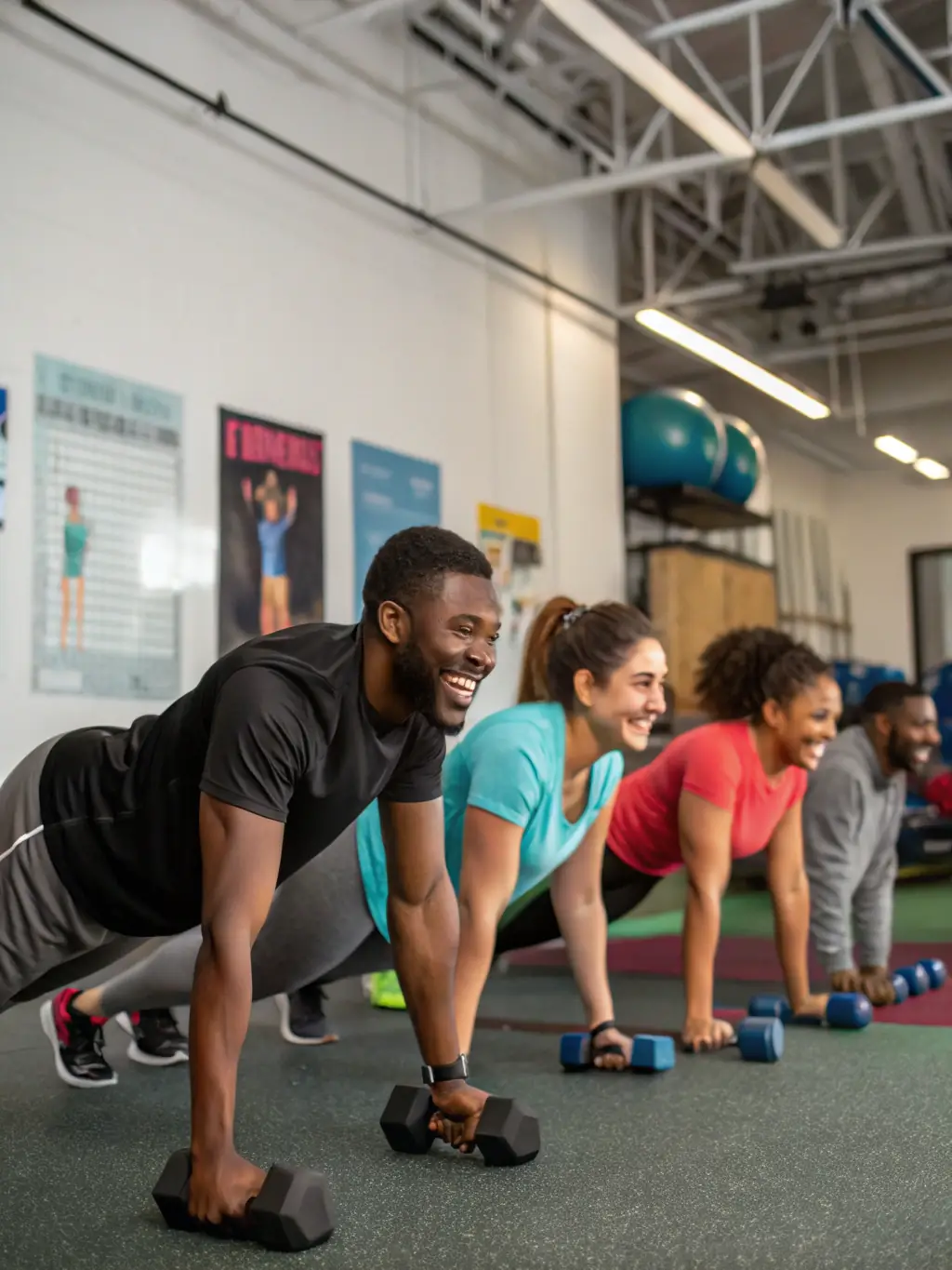 An inspiring image of a diverse group of people in their 40s, laughing and supporting each other during a group fitness class, showcasing community and motivation.