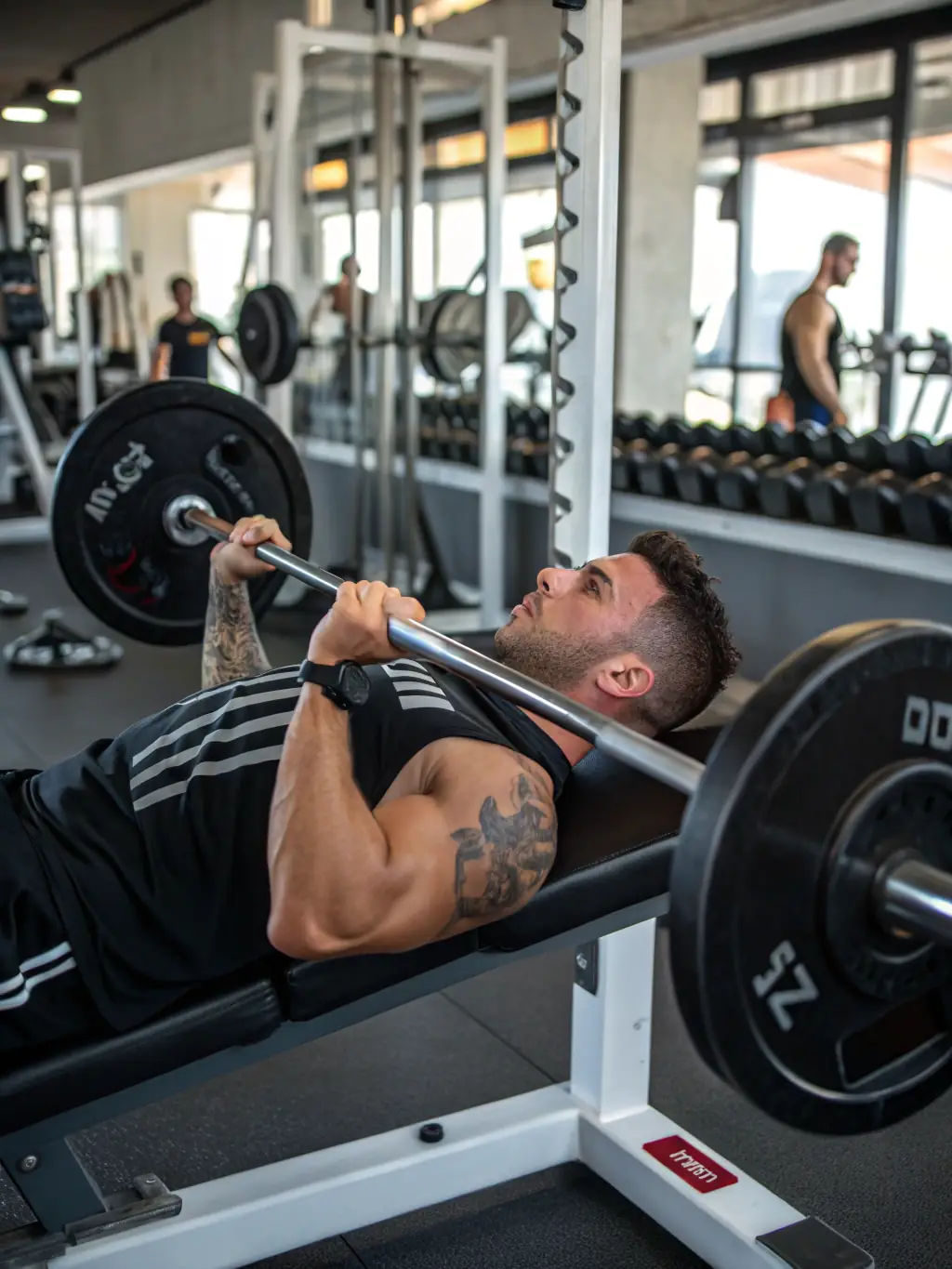 A dynamic image of a man in his early 40s, focused and determined, lifting weights in a modern gym, representing custom training plans and strength building.
